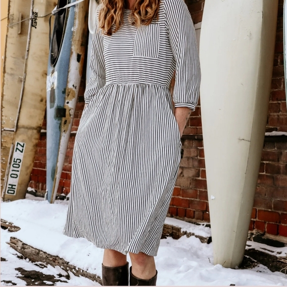 MEROKEETY Balloon Sleeve Striped Midi Shirt Dress Size 2XL/ 23" pit to pit - Picture 3 of 8